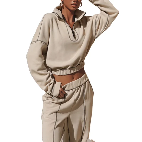 Half Zip Pullover Tracksuit Jogging Crop Top Windbreaker Jacket Two Piece Pants Set Women