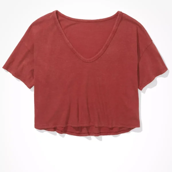 Women's Tee Boxy Fit Cropped T-shirt V-Neck Solid Color Sweatshirt Short Sleeve Tee for Women High Quality - Image 3