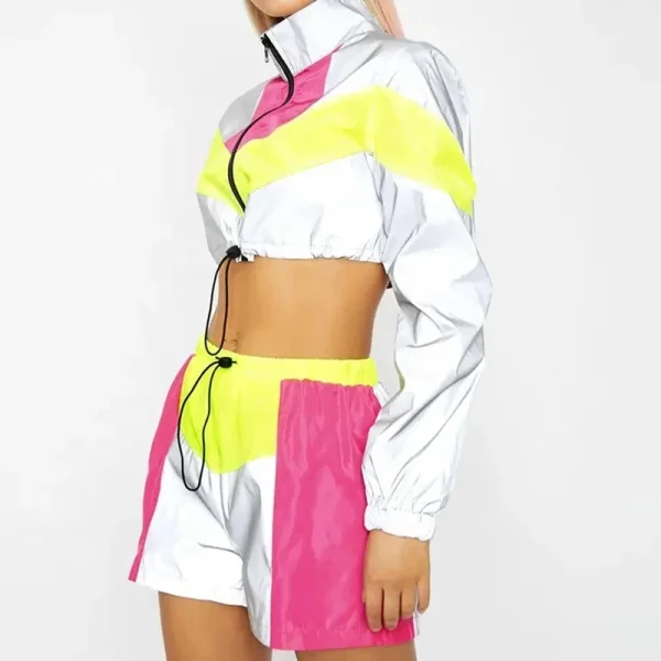 Women's Color Block Reflective Tracksuits Streetwear Sport Zipper-up Sweat Short Suits