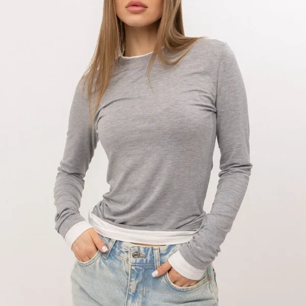 Women's Slim Fitted Casual Basic Crop Top Crew Neck  Contrast Color Patchwork Long Sleeve T-shirt - Image 4