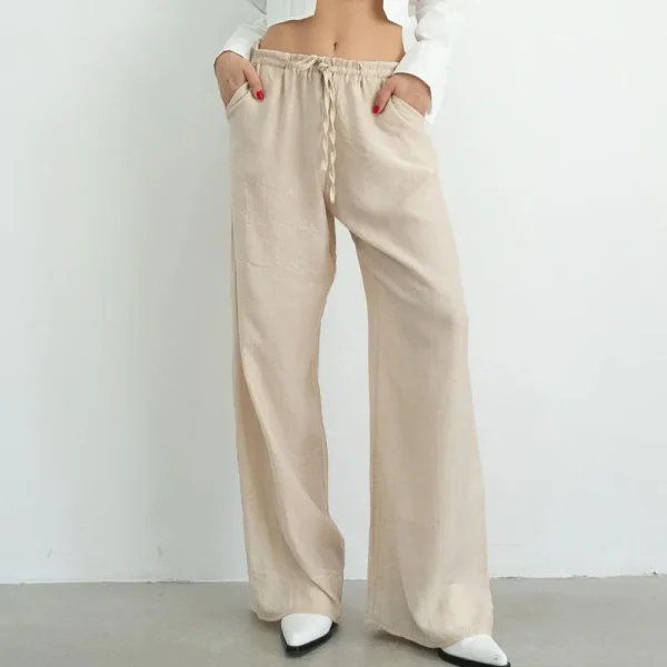 Women Trousers Pants Low Waist Cotton Linen Summer Palazzo Pants Flowy Wide Leg Beach Trousers with Pockets