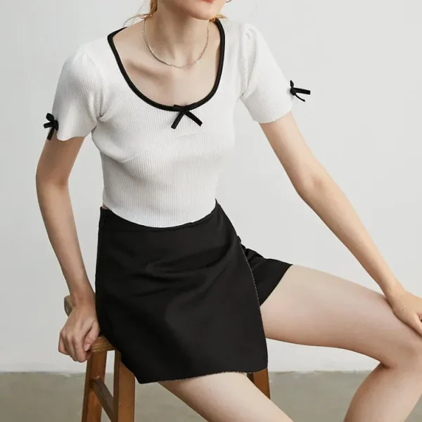 Women Casual High Quality Bow Obsession White Ribbed Cropped Top T Shirt - Image 2