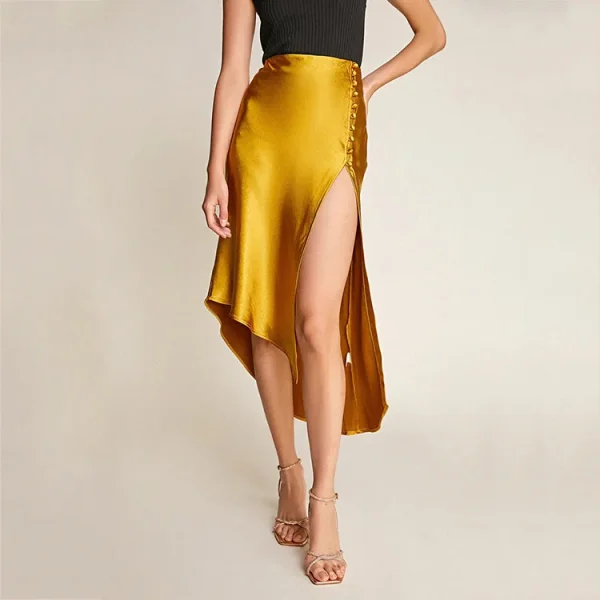 Women Casual High Quality Satin Button Side Asymmetric Midi Skirt - Image 4